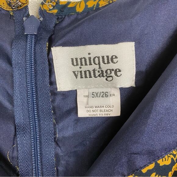 Unique Vintage Navy Blue&Yellow Floral Tie Front 1940’s Swing Midi Dress Sz.5x - Picture 4 of 12